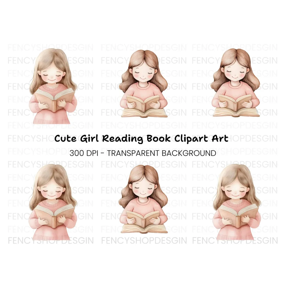 Cute Girl Reading Book Clipart Bundle