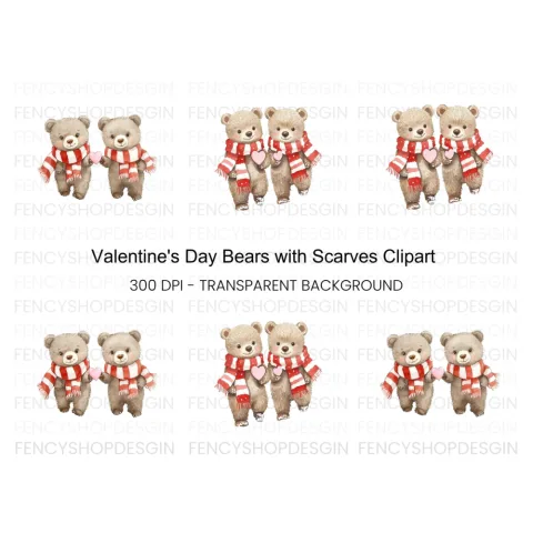 Sweet Bear Couple with Scarves and Hearts Clipart Bundle