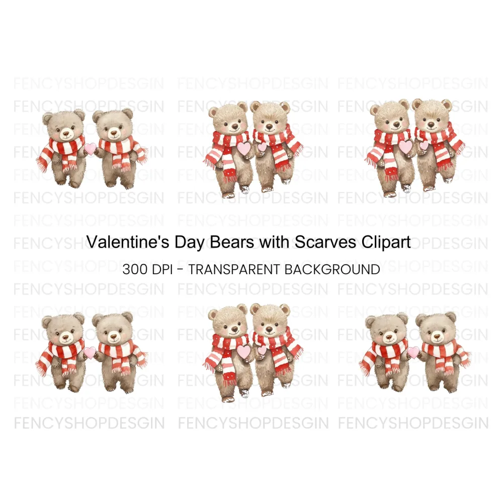 Sweet Bear Couple with Scarves and Hearts Clipart Bundle