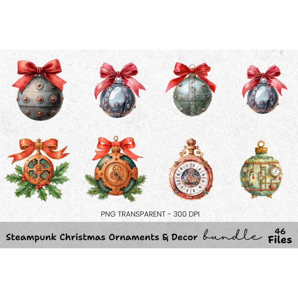 Steampunk Clockwork Christmas Tree Clipart Bundle