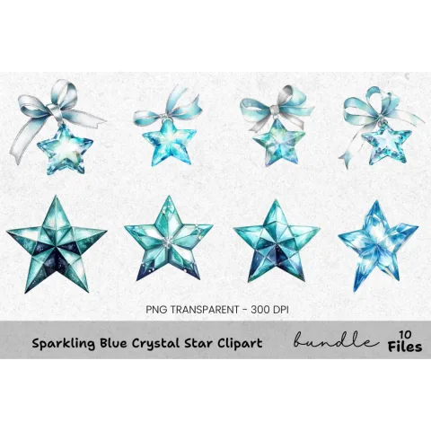 Sparkling Blue Crystal Star Clipart Bundle