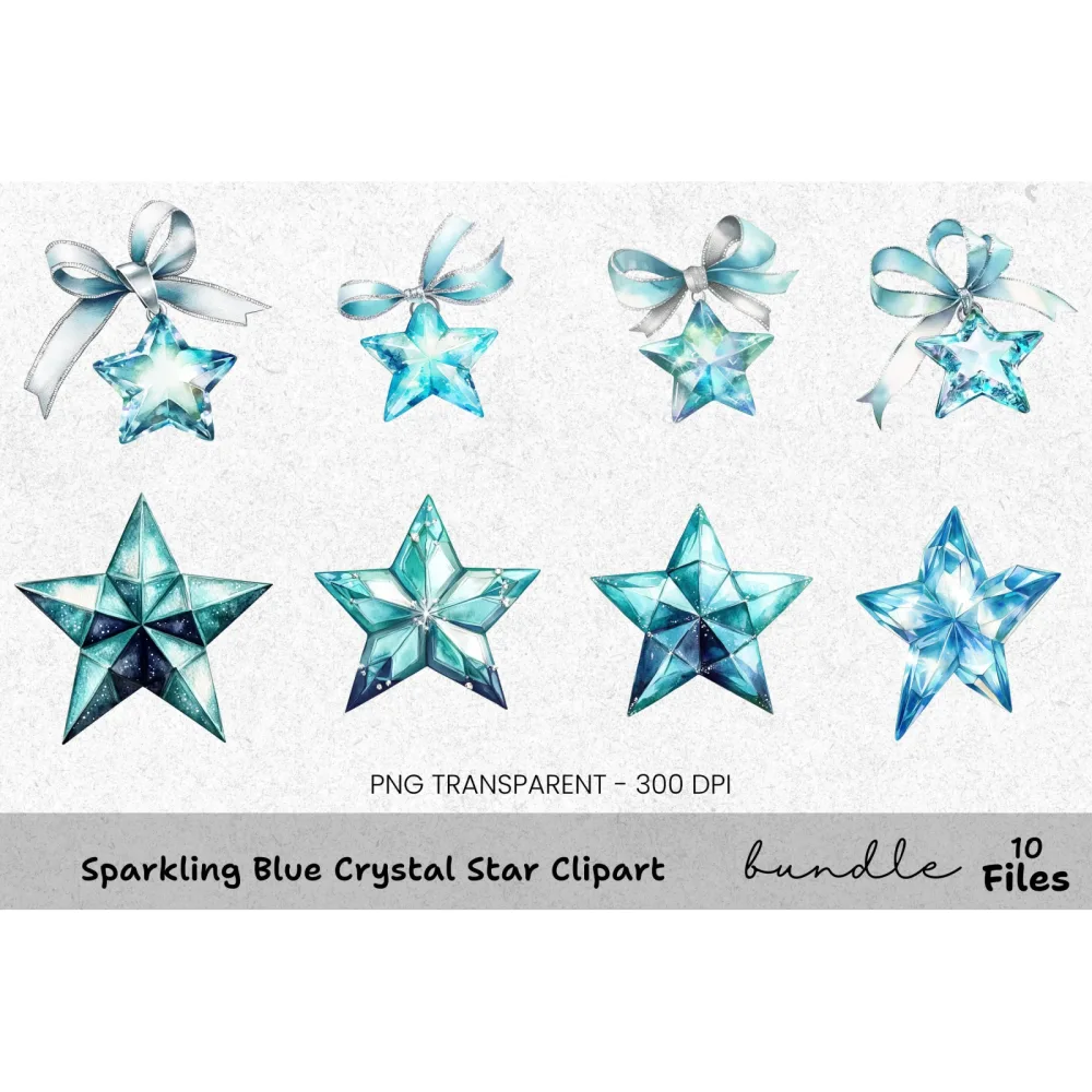 Sparkling Blue Crystal Star Clipart Bundle