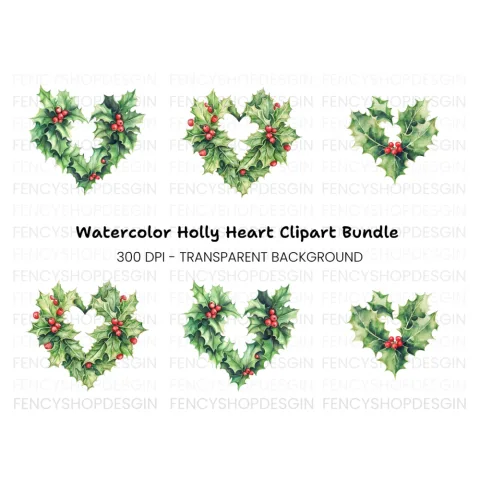 Holly Heart Wreath Clipart Bundle