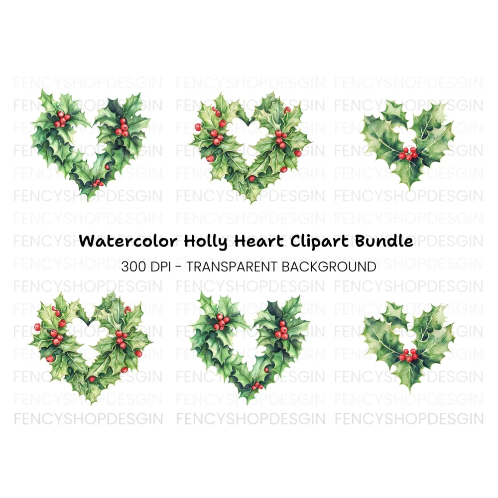 Holly Heart Wreath Clipart Bundle