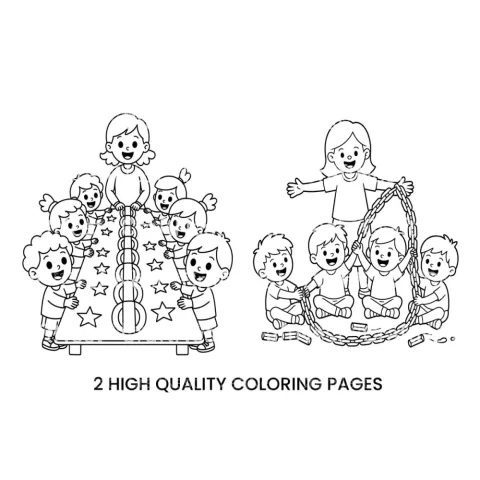 Teacher and Kids Playing Coloring Books