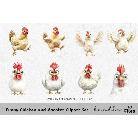 Funny Chicken and Rooster Clipart Bundle