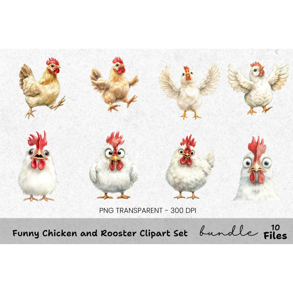 Funny Chicken and Rooster Clipart Bundle