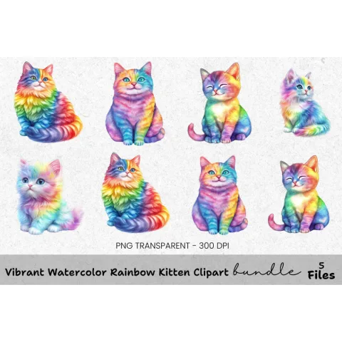 Vibrant Rainbow Kitten Clipart Bundle