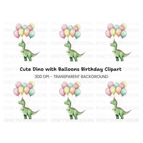 Happy Dinosaur with Balloons Clipart Bundle
