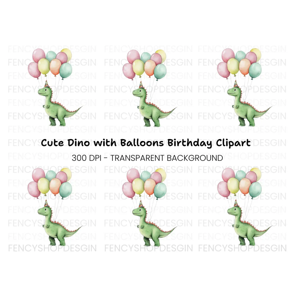 Happy Dinosaur with Balloons Clipart Bundle