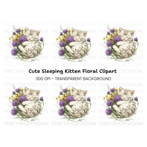Sleeping Kitten in Wildflower Bouquet Clipart Bundle