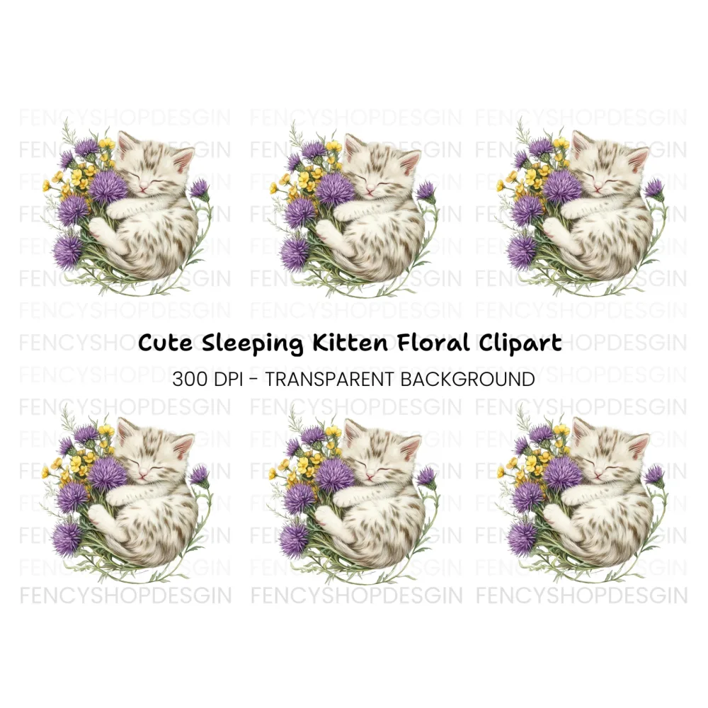 Sleeping Kitten in Wildflower Bouquet Clipart Bundle