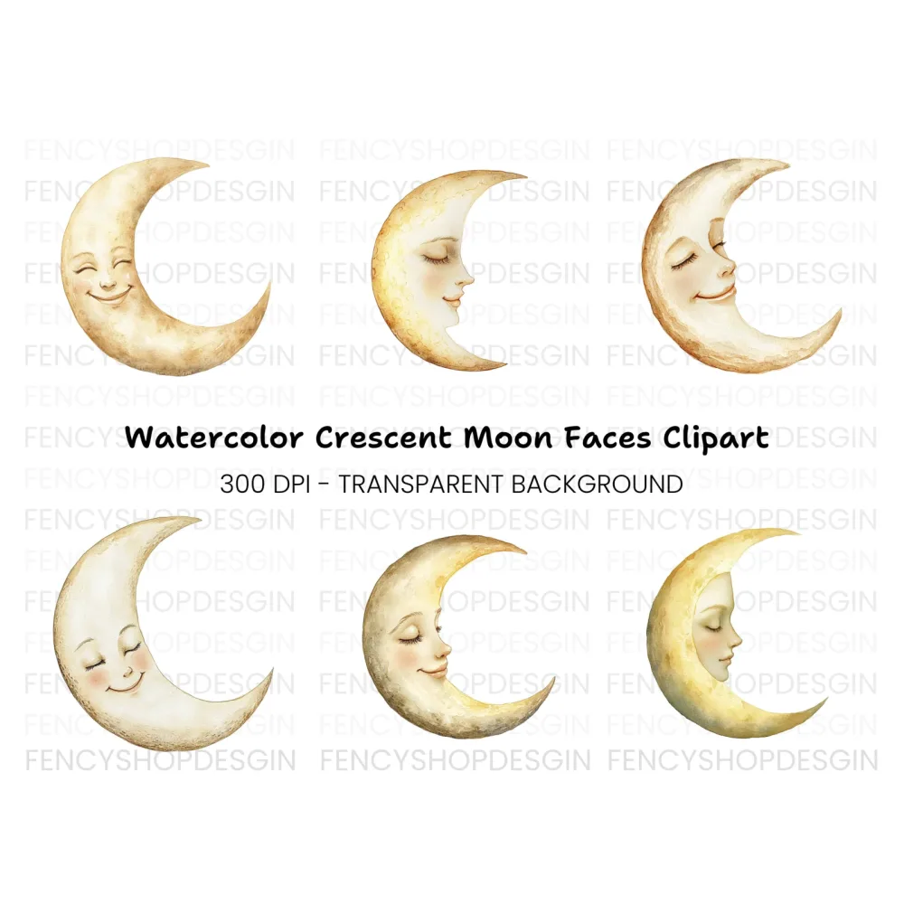 Crescent Moon Faces Clipart Bundle