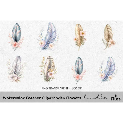 Feather and Flowers Clipart Bundle