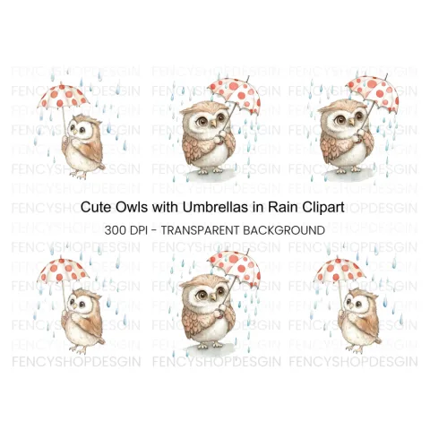 Owls with Umbrellas Clipart Bundle