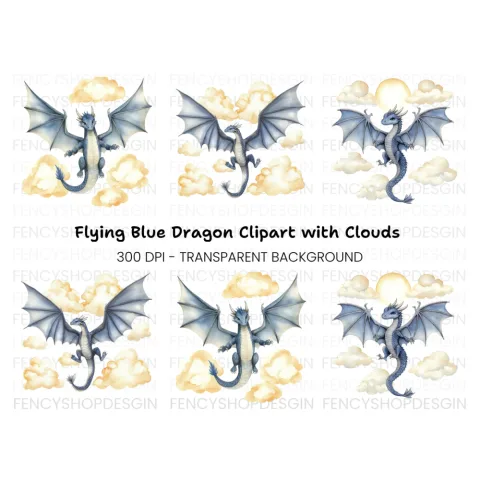 Blue Dragon with Clouds Clipart Bundle