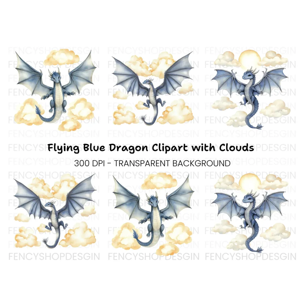 Blue Dragon with Clouds Clipart Bundle