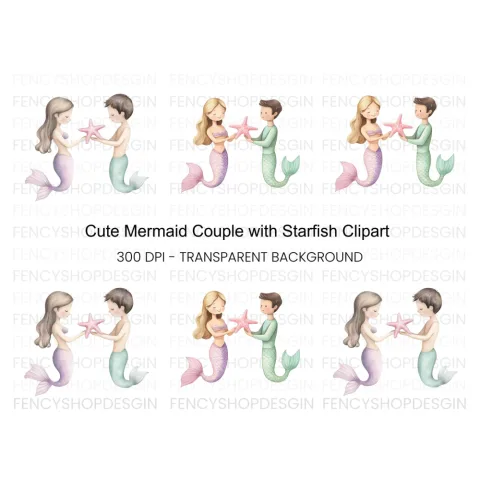Mermaid and Merman Starfish Clipart Bundle