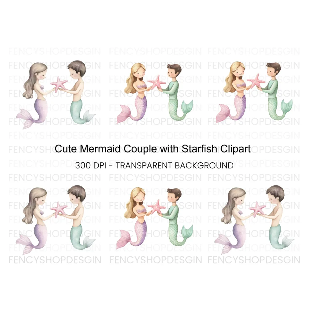 Mermaid and Merman Starfish Clipart Bundle