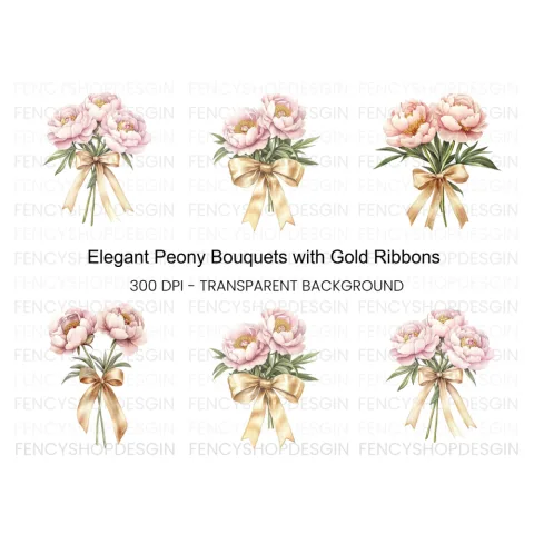 Pink Peony Bouquets with Gold Ribbons Clipart Bundle