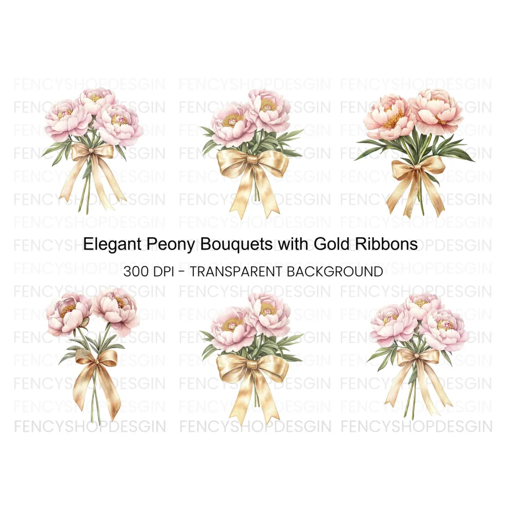 Pink Peony Bouquets with Gold Ribbons Clipart Bundle