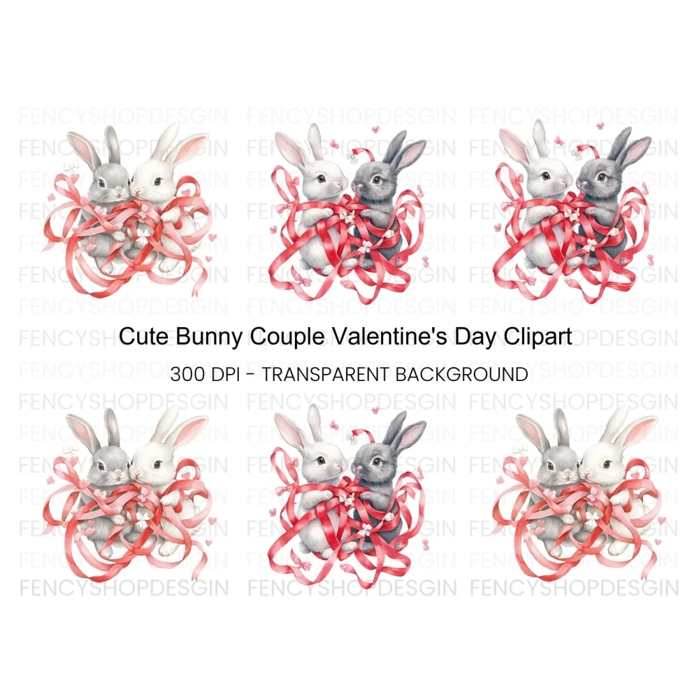 Cute Bunny Couple with Red Ribbons Clipart Bundle