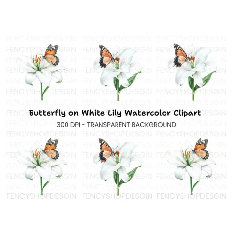White Lily and Butterfly Clipart Bundle