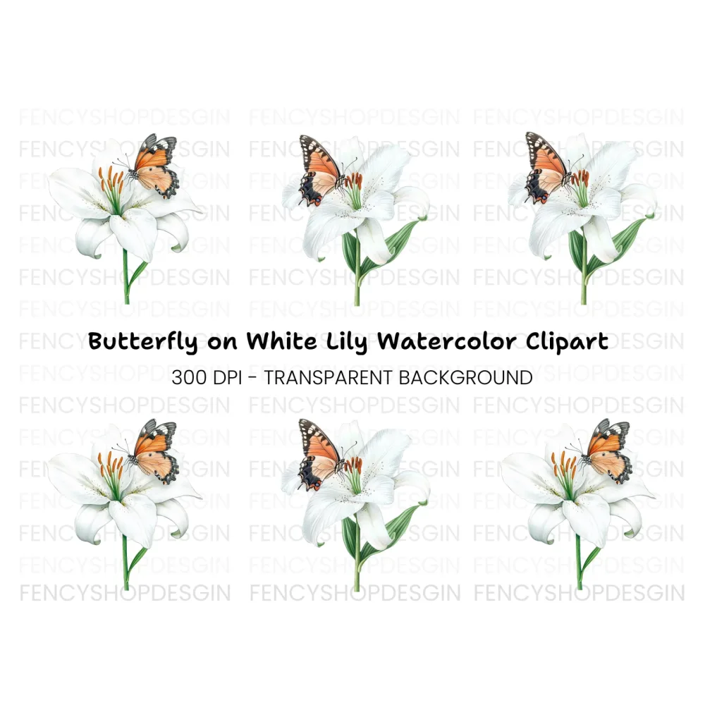 White Lily and Butterfly Clipart Bundle