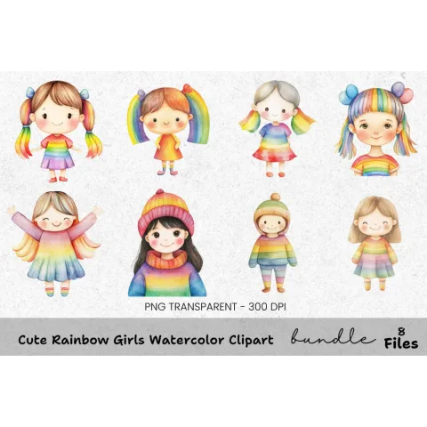 Adorable Rainbow Girls Clipart Bundle