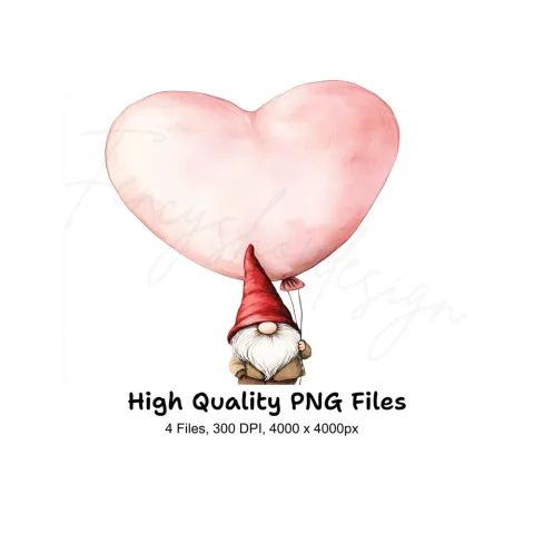 Cute Gnomes with Pink Heart Balloons Clipart Bundle