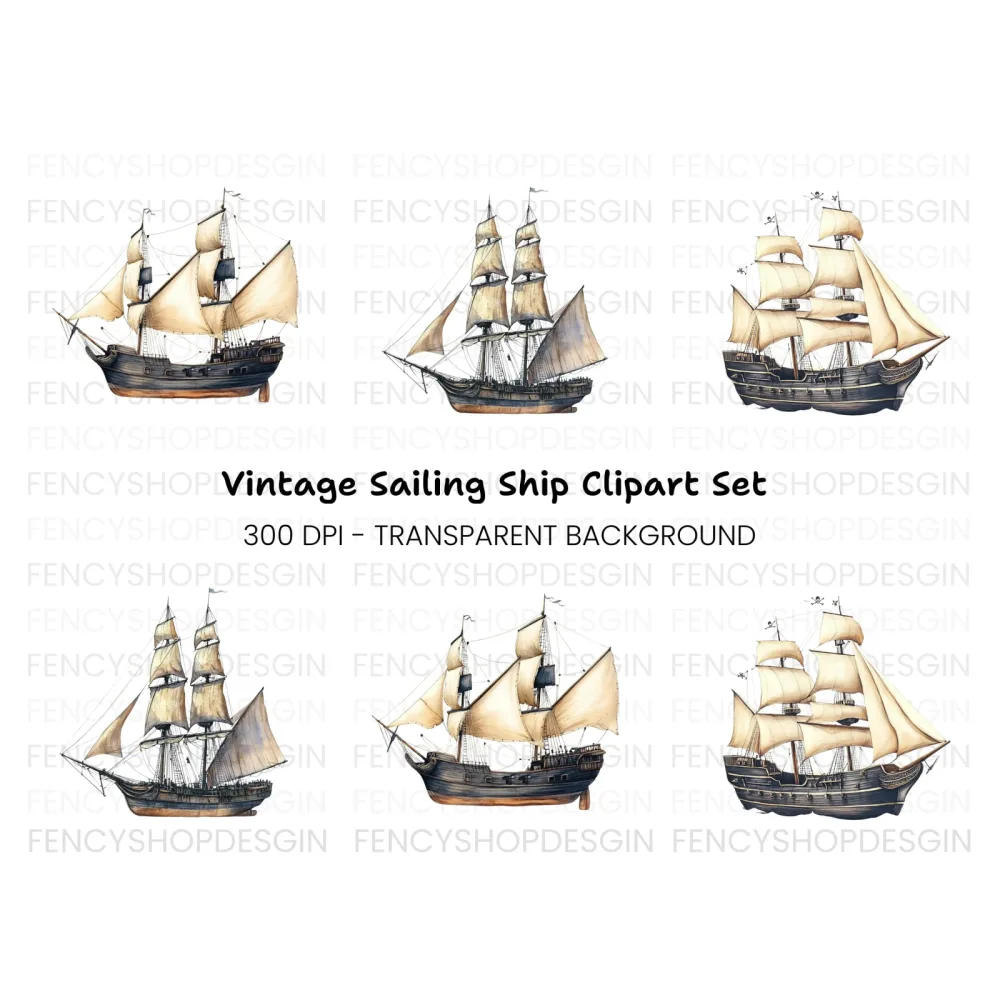 Vintage Pirate Ships Clipart Bundle