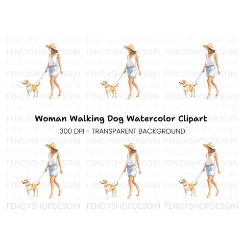 Woman Walking Dog Clipart Bundle