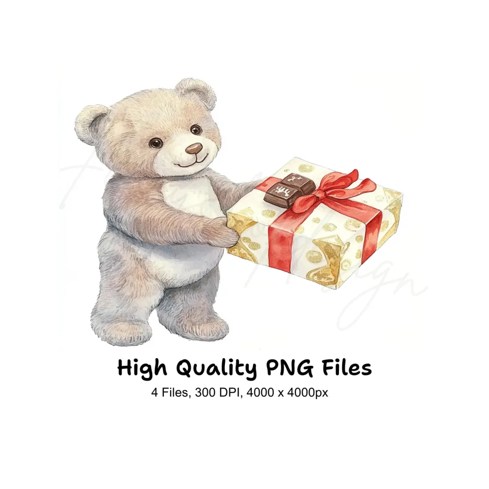 Cute Teddy Bear Holding Gift Clipart Bundle
