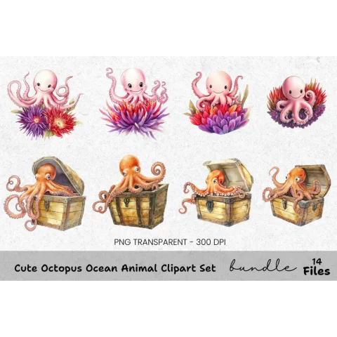 Cute Octopus Ocean Animal Clipart Bundle
