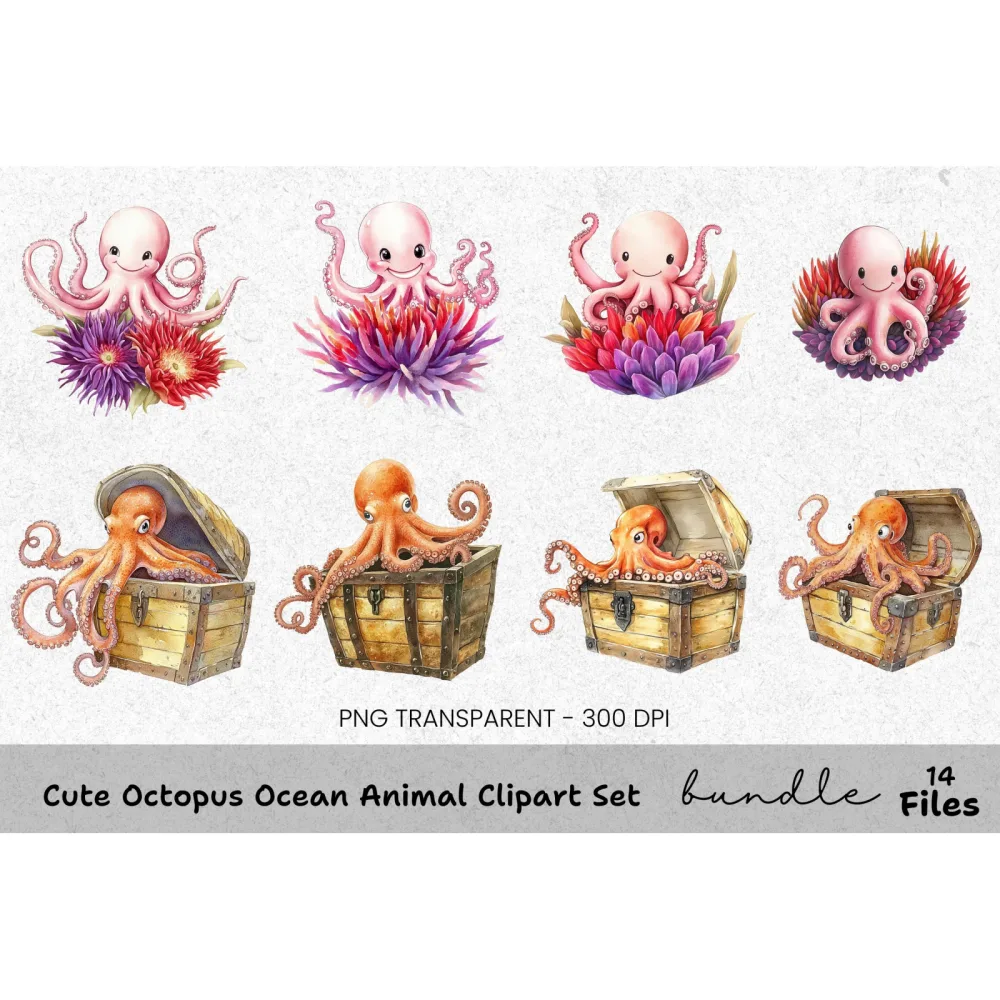 Cute Octopus Ocean Animal Clipart Bundle