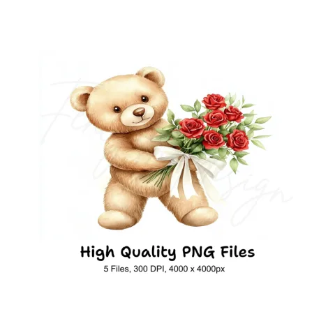 Cute Teddy Bear with Red Roses Clipart Bundle
