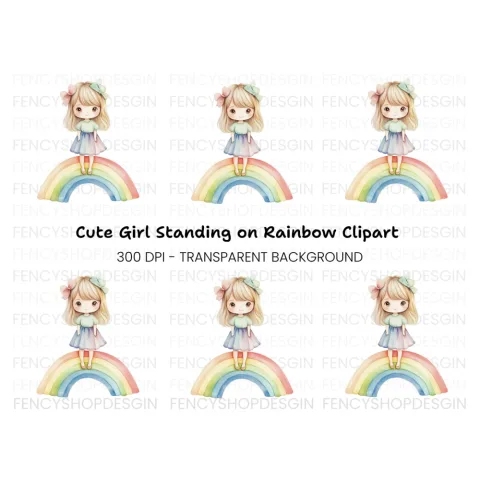 Adorable Girl Standing on Rainbow Clipart Bundle