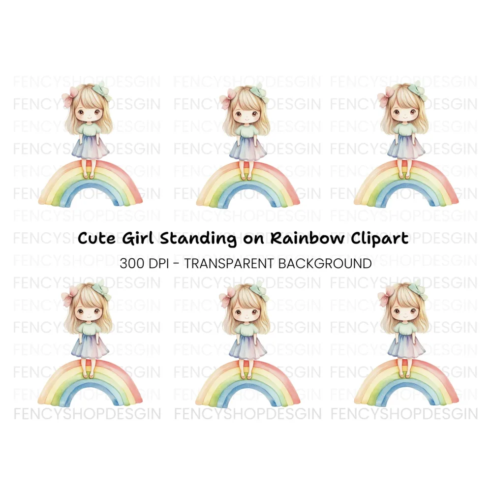 Adorable Girl Standing on Rainbow Clipart Bundle