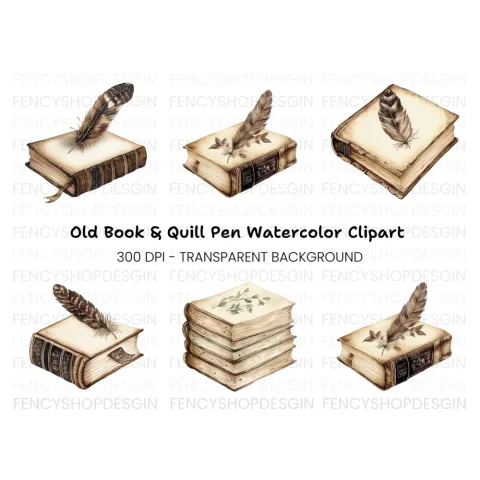 Vintage Books and Quills Clipart Bundle