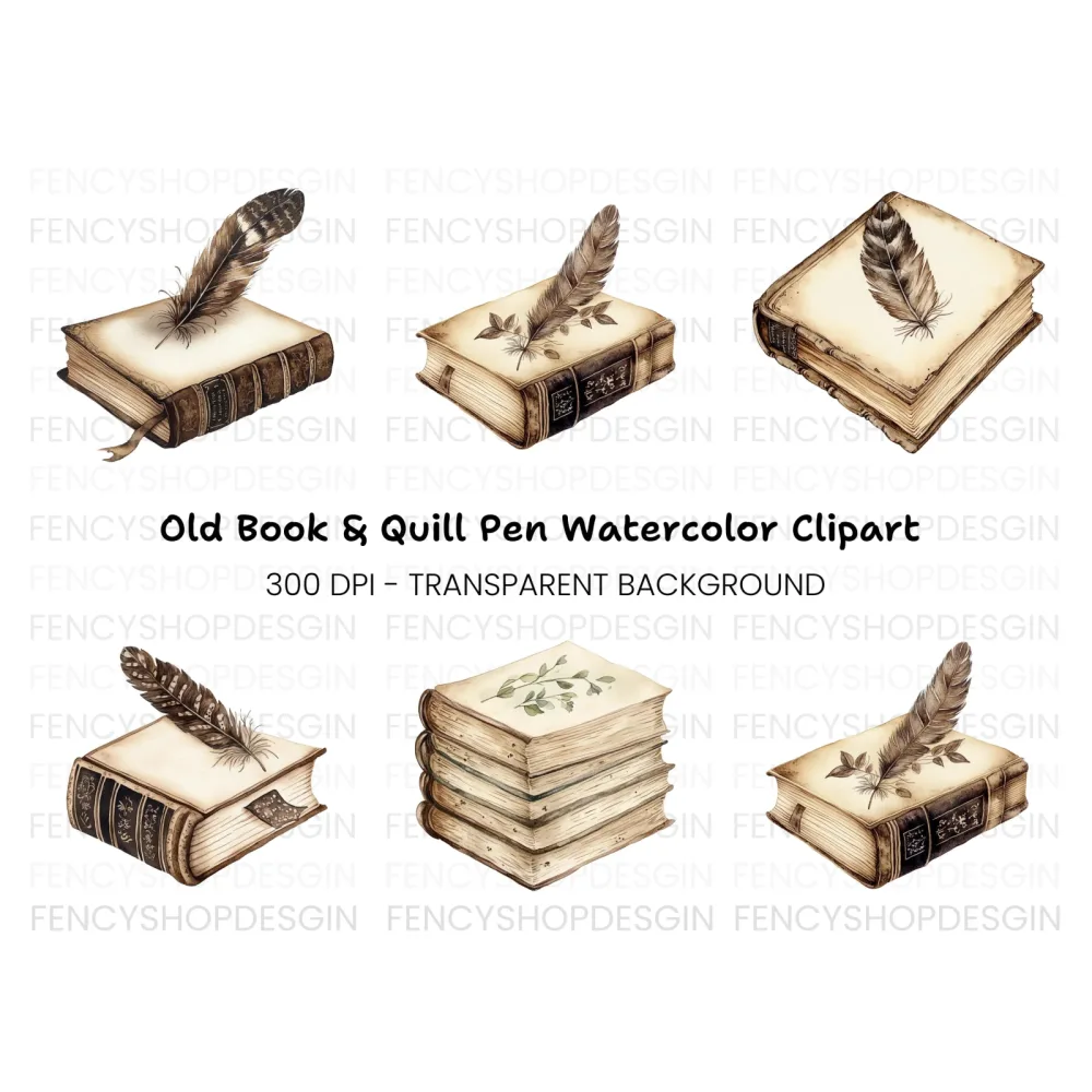 Vintage Books and Quills Clipart Bundle