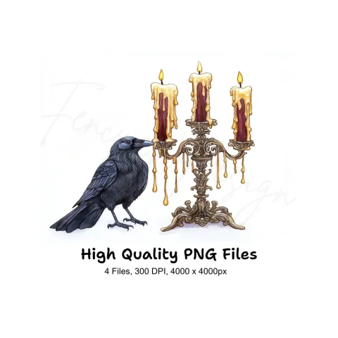 Gothic Raven Candelabra Clipart Bundle