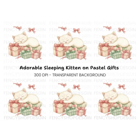 White Kitten Sleeping on Pink Gifts Clipart Bundle