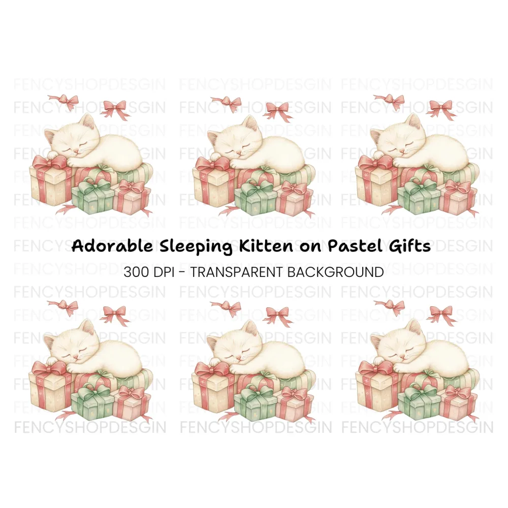 White Kitten Sleeping on Pink Gifts Clipart Bundle