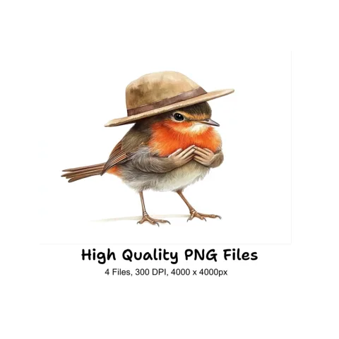 Cute Robin Birds with Straw Hats Clipart Bundle