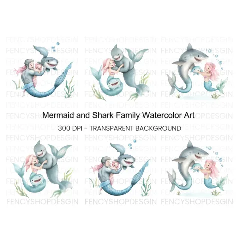 Mermaid and Shark Family Clipart Bundle