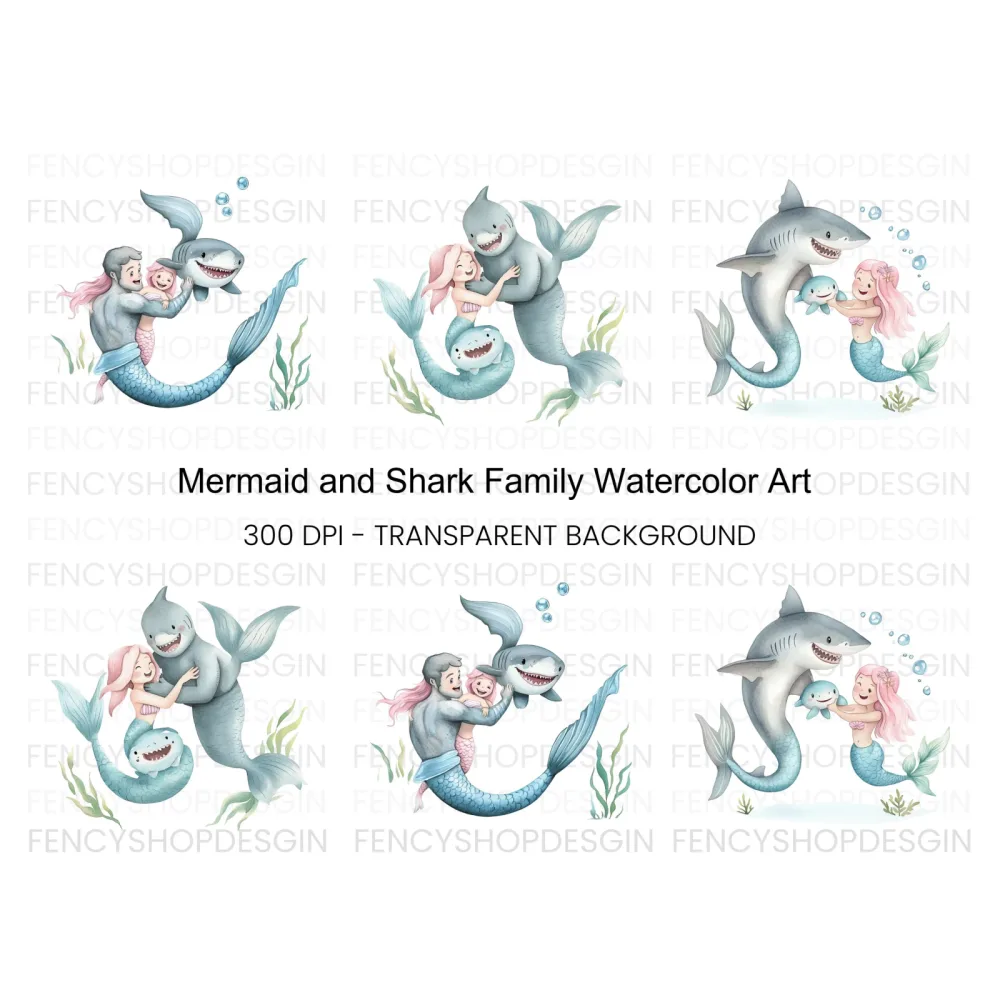 Mermaid and Shark Family Clipart Bundle