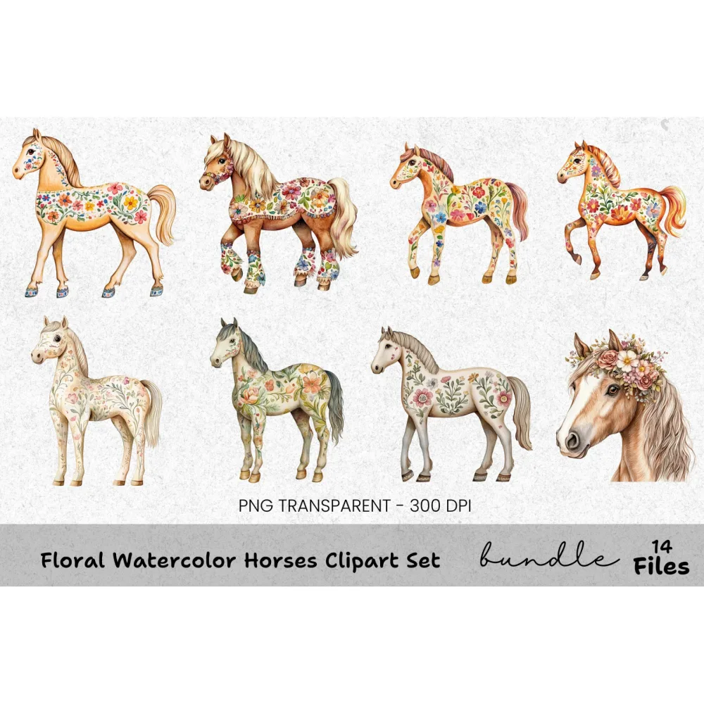 Floral Horses Clipart Bundle