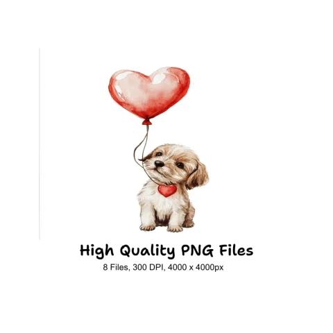 Valentine Puppy with Heart Balloon Clipart Bundle