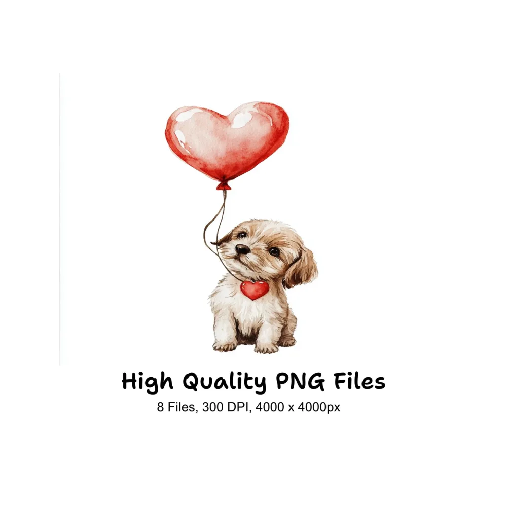 Valentine Puppy with Heart Balloon Clipart Bundle