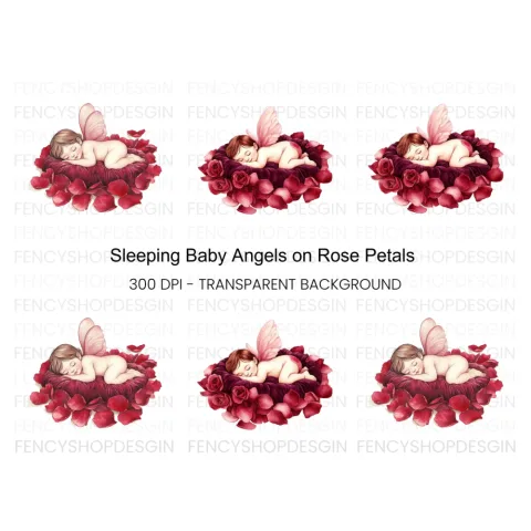 Sleeping Baby Angels on Rose Petals Clipart Bundle